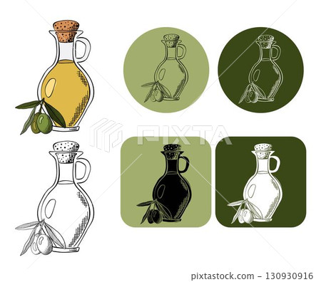Olive oil bottle berry branch with green leaves logotype. Vector graphic line ink colored illustration. design for fashion graphics, textile prints, fabrics, wallpapers. Banner, poster, 130930916