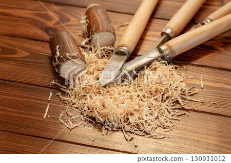 Carpentry work with wood tools on wooden table Carpentry work with wood tools on wooden table 130931012
