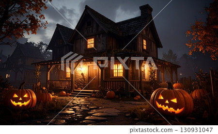 A spooky mansion illuminated by Halloween pumpkins 130931047