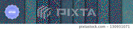 Collection of seamless bright colorful retro patterns. Trendy fashion style 80-90s. Vector backgrounds for print, textile, cover, wallpaper or web design Collection of seamless bright colorful retro patterns. Trendy fashion style 80-90s. Vector backgrounds for print, textile, cover, wallpaper or web design 130931071