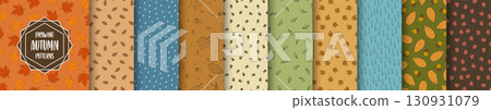 Collection of colorful seamless autumn drawing patterns. Cartoon nature repeatable hand drawn backgrounds. Endless foliage prints with falling leaves and drops 130931079
