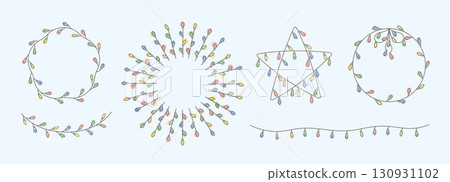 Thin line string festive Christmas, holiday light garland shapes set. Retro minimalist color vector bulbs frames, borders, elements collection. simple retro designs. 130931102