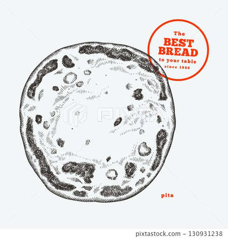 Hand Drawn Vector Pita Illustration. Not AI Generated. Retro Bakery Isolated Image. Old School Bread Food 130931238