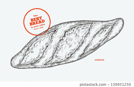Hand Drawn Vector Ciabatta Illustration. Not AI Generated. Retro Bakery Isolated Image. Old School Bread Food 130931250