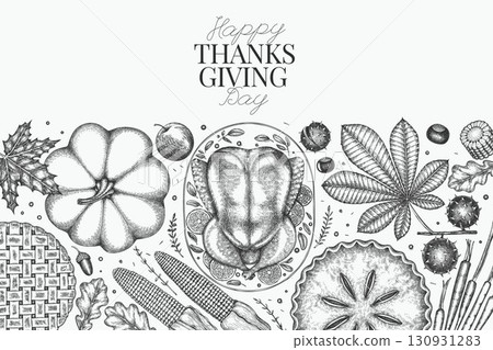 Vector Hand Drawn Thanksgiving Menu Design Template. Festive Food Illustration. Vintage Style Family Dinner Background 130931283
