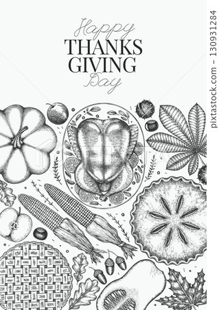 Vector Hand Drawn Thanksgiving Menu Design Template. Festive Food Illustration. Vintage Style Family Dinner Background Vector Hand Drawn Thanksgiving Menu Design Template. Festive Food Illustration. Vintage Style Family Dinner Background 130931284
