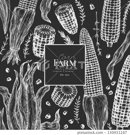 Hand Drawn Vector Sweet Corn Illustration. Not AI Generated. Autumn Seasonal Chalk Board Background. Fall Season Farm Banner. Vintage Harvest Design Template. 130931287