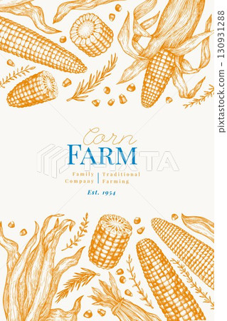 Hand Drawn Vector Sweet Corn Illustration. Not AI Generated. Autumn Seasonal Background. Fall Season Farm Banner. Vintage Harvest Design Template. 130931288