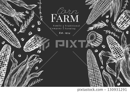 Hand Drawn Vector Sweet Corn Illustration. Not AI Generated. Autumn Seasonal Chalk Board Background. Fall Season Farm Banner. Vintage Harvest Design Template. Hand Drawn Vector Sweet Corn Illustration. Not AI Generated. Autumn Seasonal Chalk Board Background. Fall Season Farm Banner. Vintage Harvest Design Template. 130931291