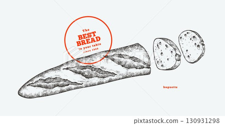 Hand Drawn Vector Baguette Illustration. Not AI Generated. Retro Bakery Isolated Image. Old School Bread Food 130931298