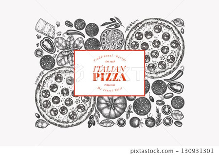 Hand Drawn Vector Pizza Illustration. Not AI Generated. Retro Pepperoni Pizza Design Template. Old School Italian Food Hand Drawn Vector Pizza Illustration. Not AI Generated. Retro Pepperoni Pizza Design Template. Old School Italian Food 130931301