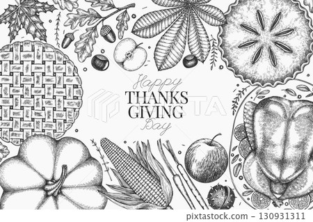 Vector Hand Drawn Thanksgiving Menu Design Template. Festive Food Illustration. Vintage Style Family Dinner Background Vector Hand Drawn Thanksgiving Menu Design Template. Festive Food Illustration. Vintage Style Family Dinner Background 130931311