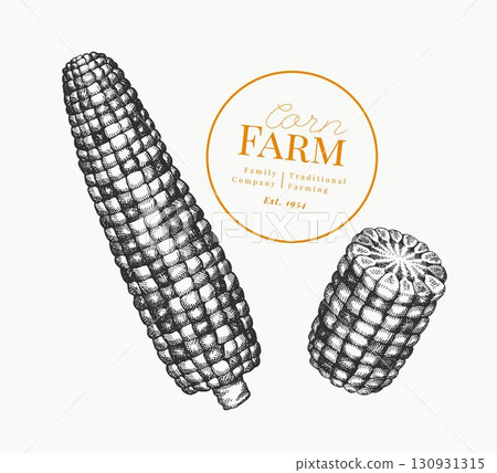 Hand Drawn Vector Sweet Corn Illustration. Not AI Generated. Autumn Seasonal Image. Fall Season Farm Old Fashioned Picture. Vintage Harvest Design Hand Drawn Vector Sweet Corn Illustration. Not AI Generated. Autumn Seasonal Image. Fall Season Farm Old Fashioned Picture. Vintage Harvest Design 130931315