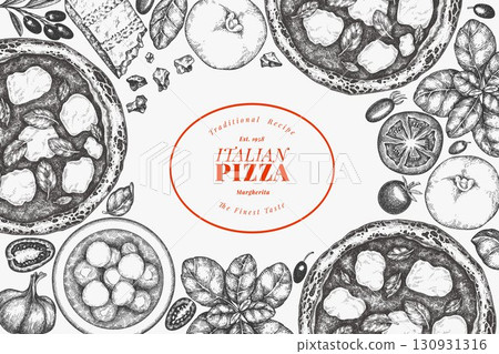 Hand Drawn Vector Pizza Illustration. Not AI Generated. Retro Margarita Pizza Design Template. Old School Italian Food Background 130931316