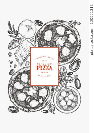 Hand Drawn Vector Pizza Illustration. Not AI Generated. Retro Margarita Pizza Design Template. Old School Italian Food Background 130931318
