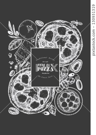 Hand Drawn Vector Pizza Illustration. Not AI Generated. Retro Margarita Pizza Chalk Board Design Template. Old School Italian Food Background 130931319