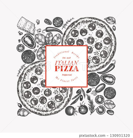 Hand Drawn Vector Pizza Illustration. Not AI Generated. Retro Pepperoni Pizza Design Template. Old School Italian Food 130931320