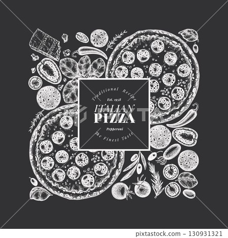 Hand Drawn Vector Pizza Illustration. Not AI Generated. Retro Pepperoni Pizza Chalk Board Design Template. Old School Italian Food 130931321