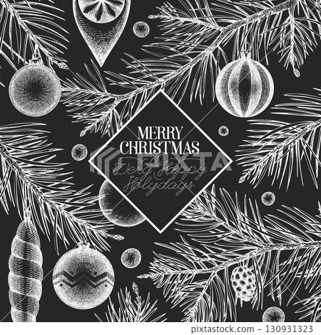 Christmas Hand Drawn Vector Chalk Board Design Template. Vintage Style Botanical Illustration. Winter Holidays Plants Xmas Banner. 130931323