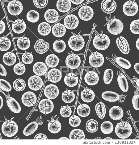 Hand Drawn Chalk Board Tomato Illustration. Retro Vegetable Vector Seamless Pattern. Old School Farm Food. 130931324