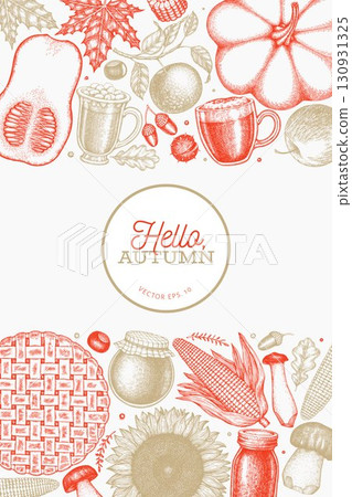 Hand Drawn Vector Autumn Illustration. Not AI Generated. Thanksgiving Background. Fall Season Cozy Mood Banner. Vintage Design Template. 130931325
