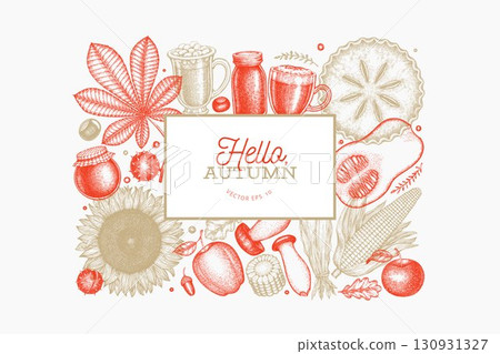 Hand Drawn Vector Autumn Illustration. Not AI Generated. Thanksgiving Background. Fall Season Cozy Mood Banner. Vintage Design Template. Hand Drawn Vector Autumn Illustration. Not AI Generated. Thanksgiving Background. Fall Season Cozy Mood Banner. Vintage Design Template. 130931327