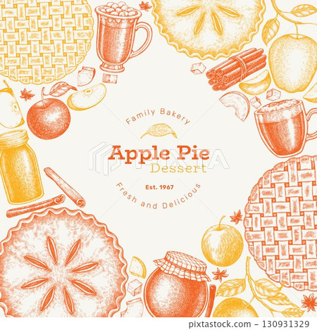 Hand Drawn Vector Apple Pie Illustration. Not AI Generated. Autumn Seasonal Background. Fall Season Cozy Mood Banner. Vintage Harvest Design Template. 130931329