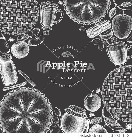 Hand Drawn Vector Apple Pie Illustration. Not AI Generated. Autumn Seasonal Chalk Board Background. Fall Season Cozy Mood Banner. Vintage Harvest Design Template. 130931330