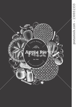 Hand Drawn Vector Apple Pie Illustration. Not AI Generated. Autumn Seasonal Chalk Board Background. Fall Season Cozy Mood Banner. Vintage Harvest Design Template. 130931333