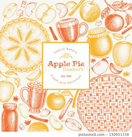 Hand Drawn Vector Apple Pie Illustration. Not AI Generated. Autumn Seasonal Background. Fall Season Cozy Mood Banner. Vintage Harvest Design Template. 130931338