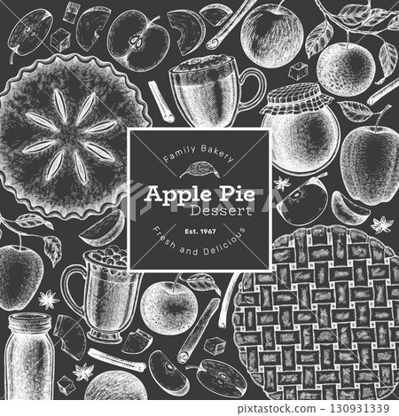 Hand Drawn Vector Apple Pie Illustration. Not AI Generated. Autumn Seasonal Chalk Board Background. Fall Season Cozy Mood Banner. Vintage Harvest Design Template. 130931339