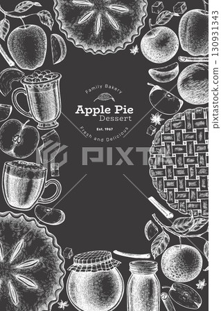 Hand Drawn Vector Apple Pie Illustration. Not AI Generated. Autumn Seasonal Chalk Board Background. Fall Season Cozy Mood Banner. Vintage Harvest Design Template. 130931343