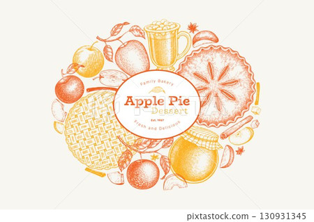 Hand Drawn Vector Apple Pie Illustration. Not AI Generated. Autumn Seasonal Background. Fall Season Cozy Mood Banner. Vintage Harvest Design Template. 130931345