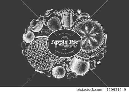 Hand Drawn Vector Apple Pie Illustration. Not AI Generated. Autumn Seasonal Chalk Board Background. Fall Season Cozy Mood Banner. Vintage Harvest Design Template. 130931349