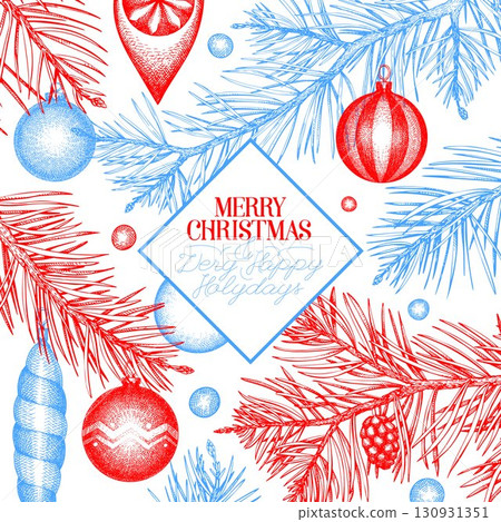 Christmas Hand Drawn Vector Greeting Card Design Template. Vintage Style Botanical Illustration. Winter Holidays Plants Xmas Banner. Christmas Hand Drawn Vector Greeting Card Design Template. Vintage Style Botanical Illustration. Winter Holidays Plants Xmas Banner. 130931351