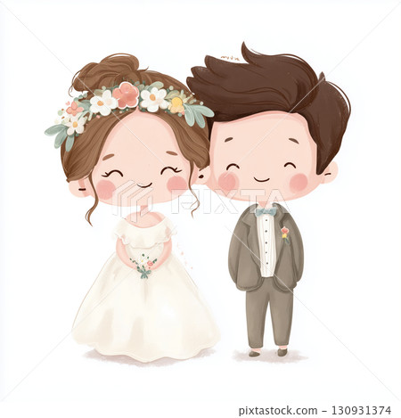 Illustration of a bride in a wedding dress and a groom in a tuxedo 130931374