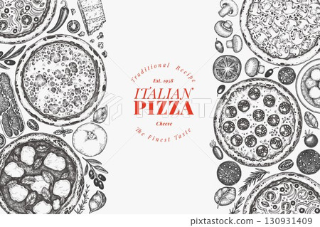 Hand Drawn Vector Pizza Design Template. Not AI Generated Illustration. Retro Pizza Banner. Old School Italian Food Background Hand Drawn Vector Pizza Design Template. Not AI Generated Illustration. Retro Pizza Banner. Old School Italian Food Background 130931409