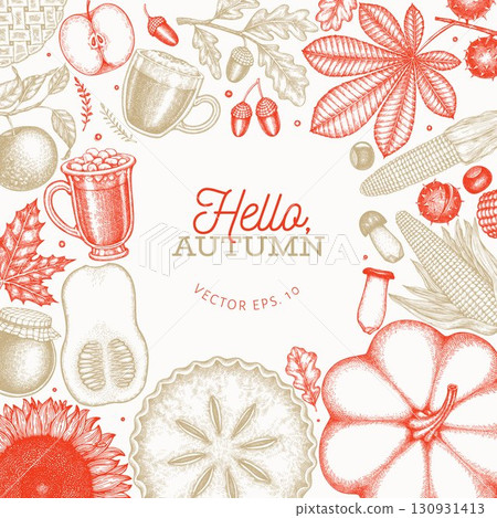Hand Drawn Vector Autumn Illustration. Not AI Generated. Thanksgiving Background. Fall Season Cozy Mood Banner. Vintage Design Template. Hand Drawn Vector Autumn Illustration. Not AI Generated. Thanksgiving Background. Fall Season Cozy Mood Banner. Vintage Design Template. 130931413