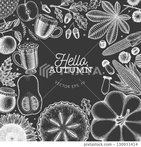 Hand Drawn Vector Autumn Illustration. Not AI Generated. Thanksgiving Chalk Board Background. Fall Season Cozy Mood Banner. Vintage Design Template. Hand Drawn Vector Autumn Illustration. Not AI Generated. Thanksgiving Chalk Board Background. Fall Season Cozy Mood Banner. Vintage Design Template. 130931414
