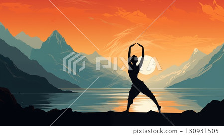 Yoga on the beach at sunset, a stylized figure performs yoga against a dramatic mountain and sunset backdrop, embodying tranquility and mindfulness 130931505