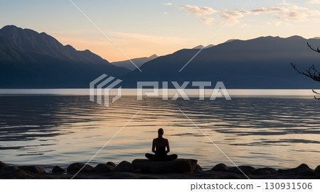 Silhouette of a person sits cross-legged on a rock by a calm lake with mountains in the background, meditating or enjoying the peaceful dusk 130931506