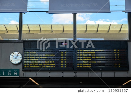 Train timetable information display at Brugge railway station, main railway station in Bruges, West Flanders, Belgium 130931567