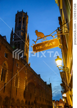 Night view of Belfry of Bruges, medieval bell tower in the historic centre of Bruges, Belgium Night view of Belfry of Bruges, medieval bell tower in the historic centre of Bruges, Belgium 130931588
