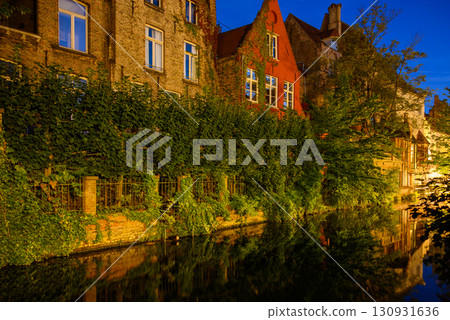 Night view of Historical Medieval Old Town and UNESCO World Culture Heritage site of Bruges in West Flanders, Belgium 130931636
