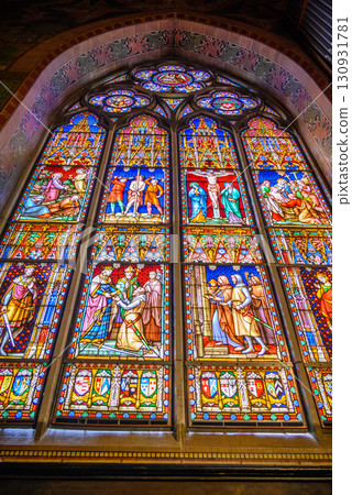Stained glass windows in Basilica of the Holy Blood, housing a relic of the Holy Blood of Christ in Bruges, Belgium 130931781