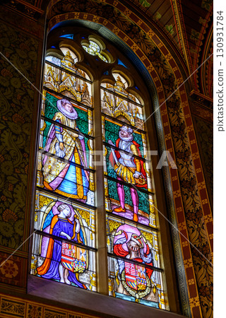 Stained glass windows in Basilica of the Holy Blood, housing a relic of the Holy Blood of Christ in Bruges, Belgium Stained glass windows in Basilica of the Holy Blood, housing a relic of the Holy Blood of Christ in Bruges, Belgium 130931784