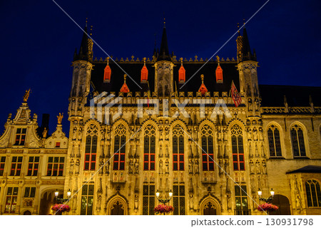 Night view of Historic Bruges City Hall building on Burg Square in Bruges, West Flanders, Belgium 130931798