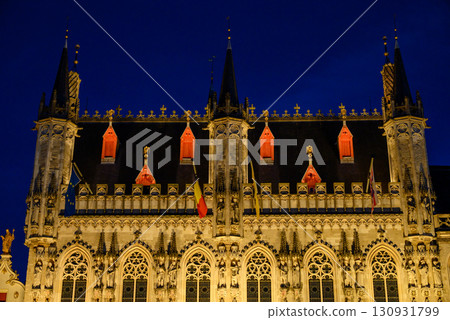 Night view of Historic Bruges City Hall building on Burg Square in Bruges, West Flanders, Belgium 130931799