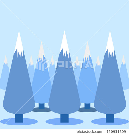 Minimal Winter Forest with Snowy Peaks Vector Illustration. Flat vector illustration of a stylized winter landscape with snowy mountains and abstract conifer trees. 130931809