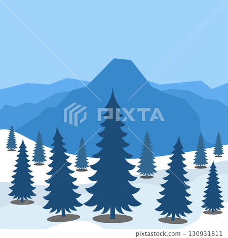 Winter Mountain Landscape with Pine Trees. Vector Illustration. Vector illustration of a serene winter landscape with tall pine trees standing on snow covered hills. 130931811